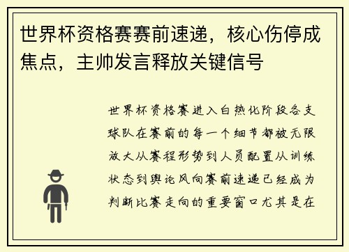 世界杯资格赛赛前速递，核心伤停成焦点，主帅发言释放关键信号